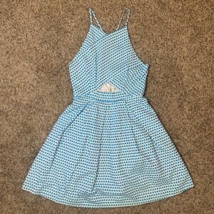 DO+BE Blue White Geometric Print Fit Flare Dress Cutout Back Halter Size S